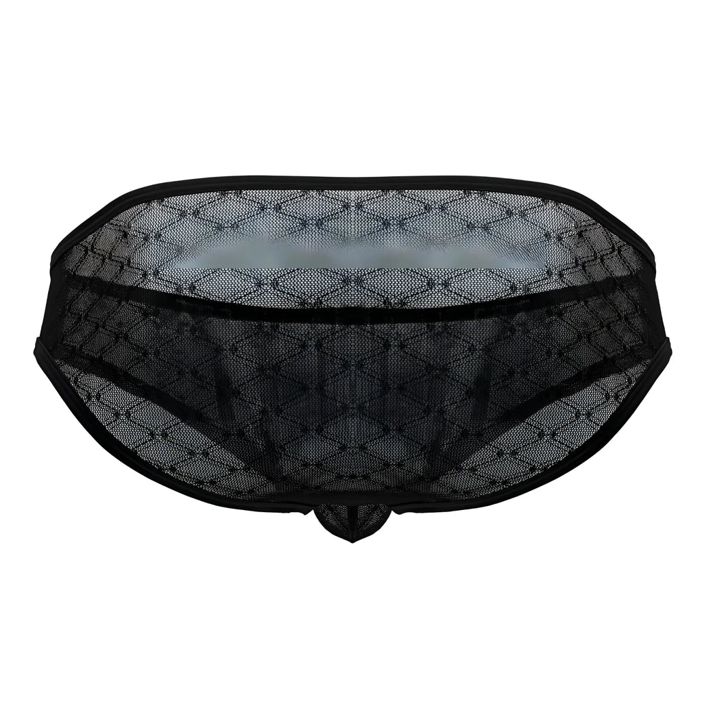 Black lace CandyMan 99812 mesh briefs in black featuring a diamond-patterned mesh design with solid trim