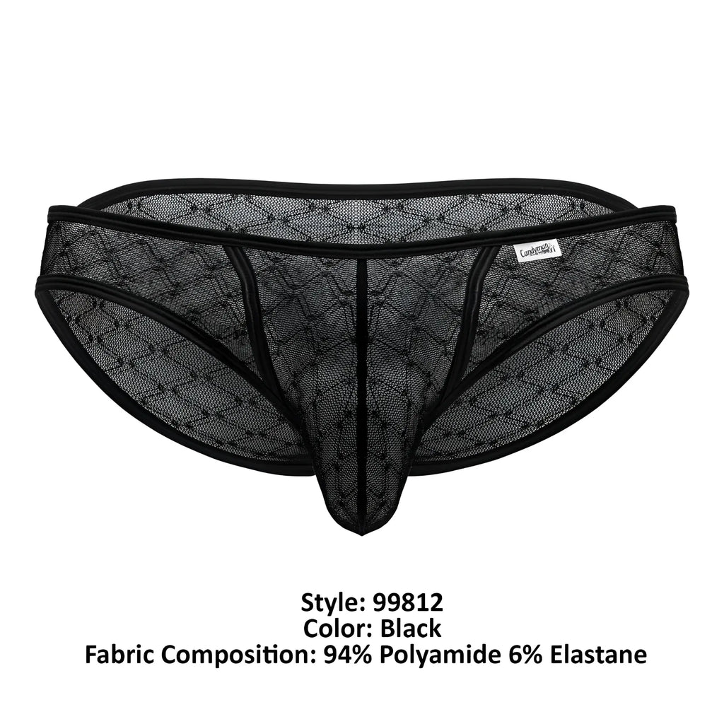Black mesh thong candyMan 99812 with diamond-patterned design and reinforced elastic waistband