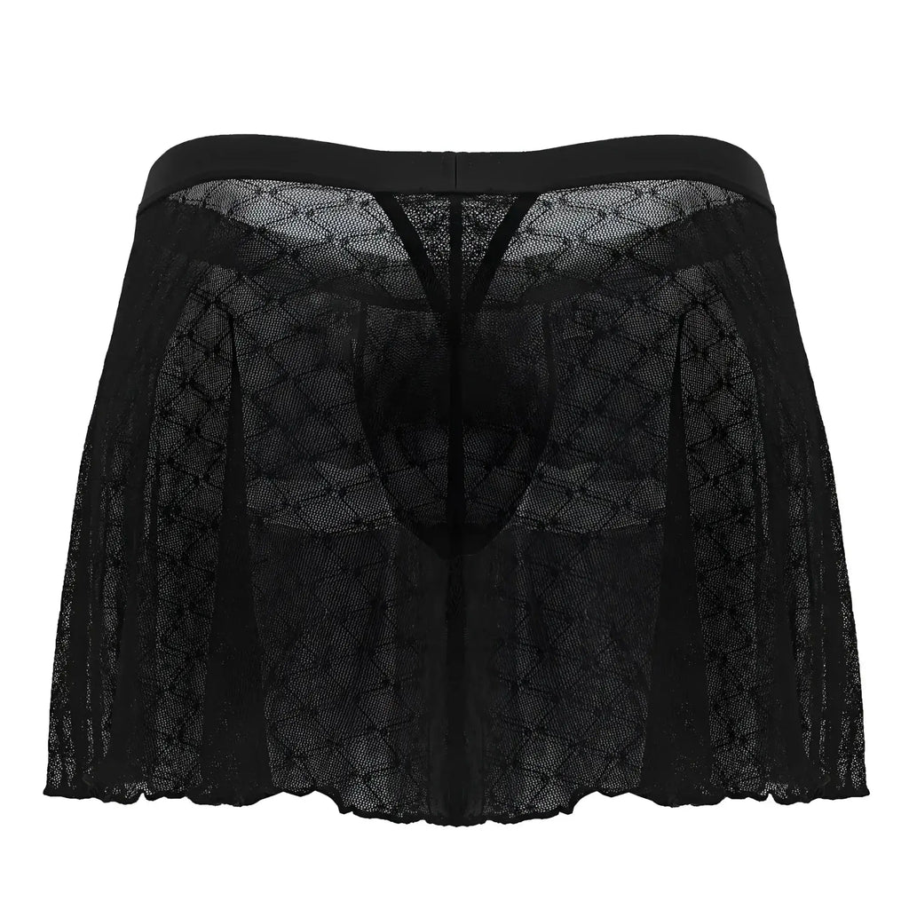 CandyMan 99813 black sheer lace men’s underwear with solid waistband and intricate diamond mesh design