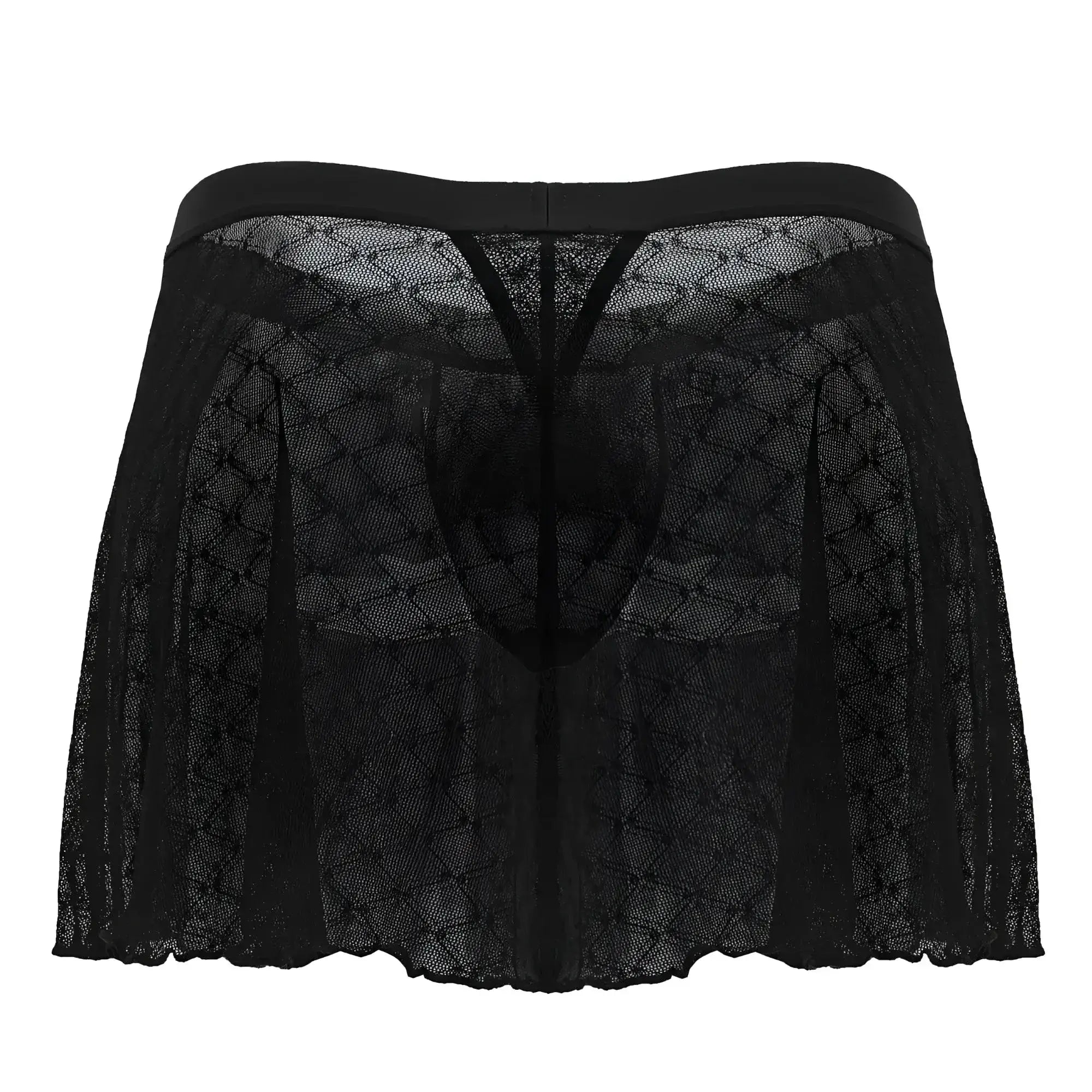 CandyMan 99813 black sheer lace men’s underwear with solid waistband and intricate diamond mesh design