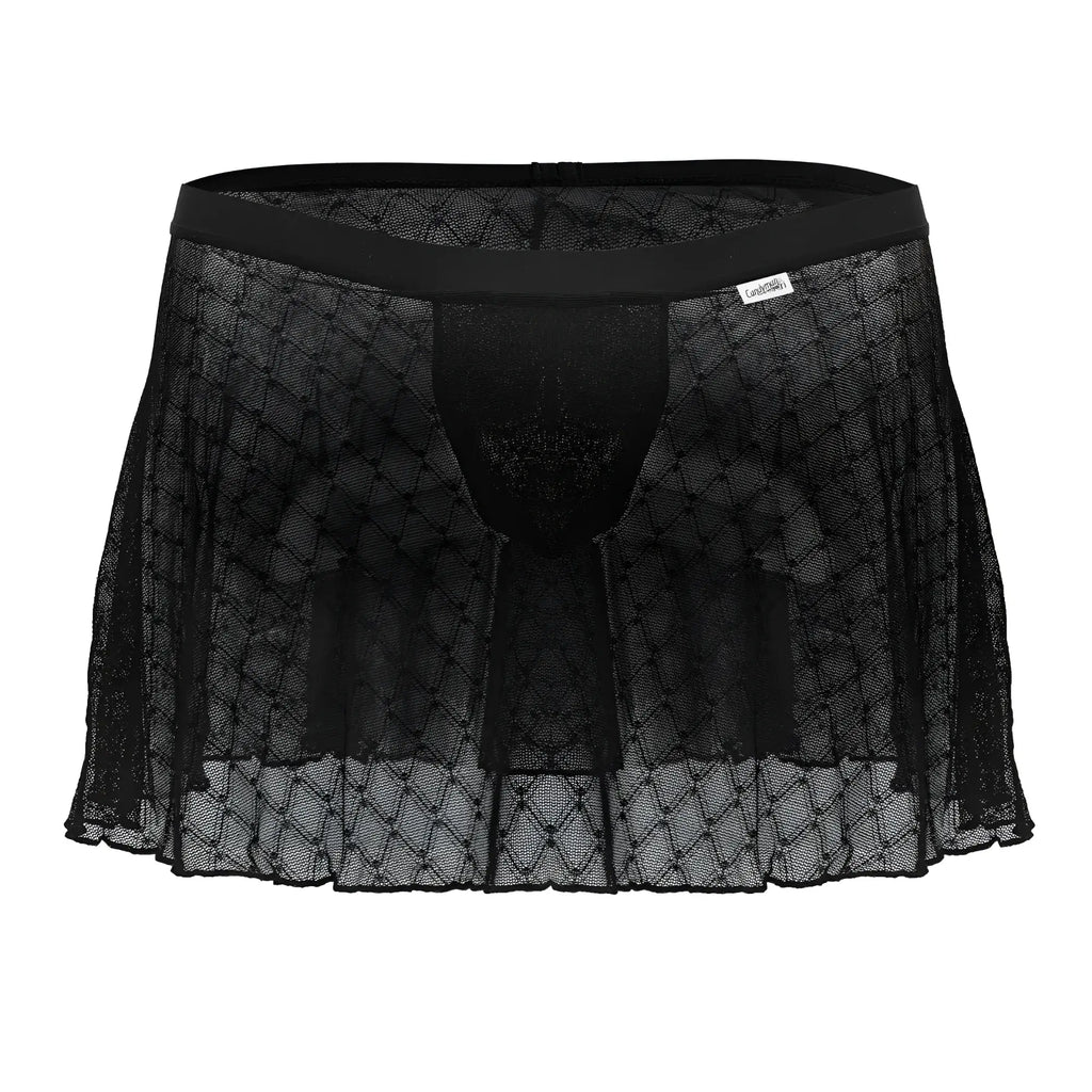 Black sheer lace mens underwear with diamond pattern and elastic waistband candyMan 99813 mesh skirt black