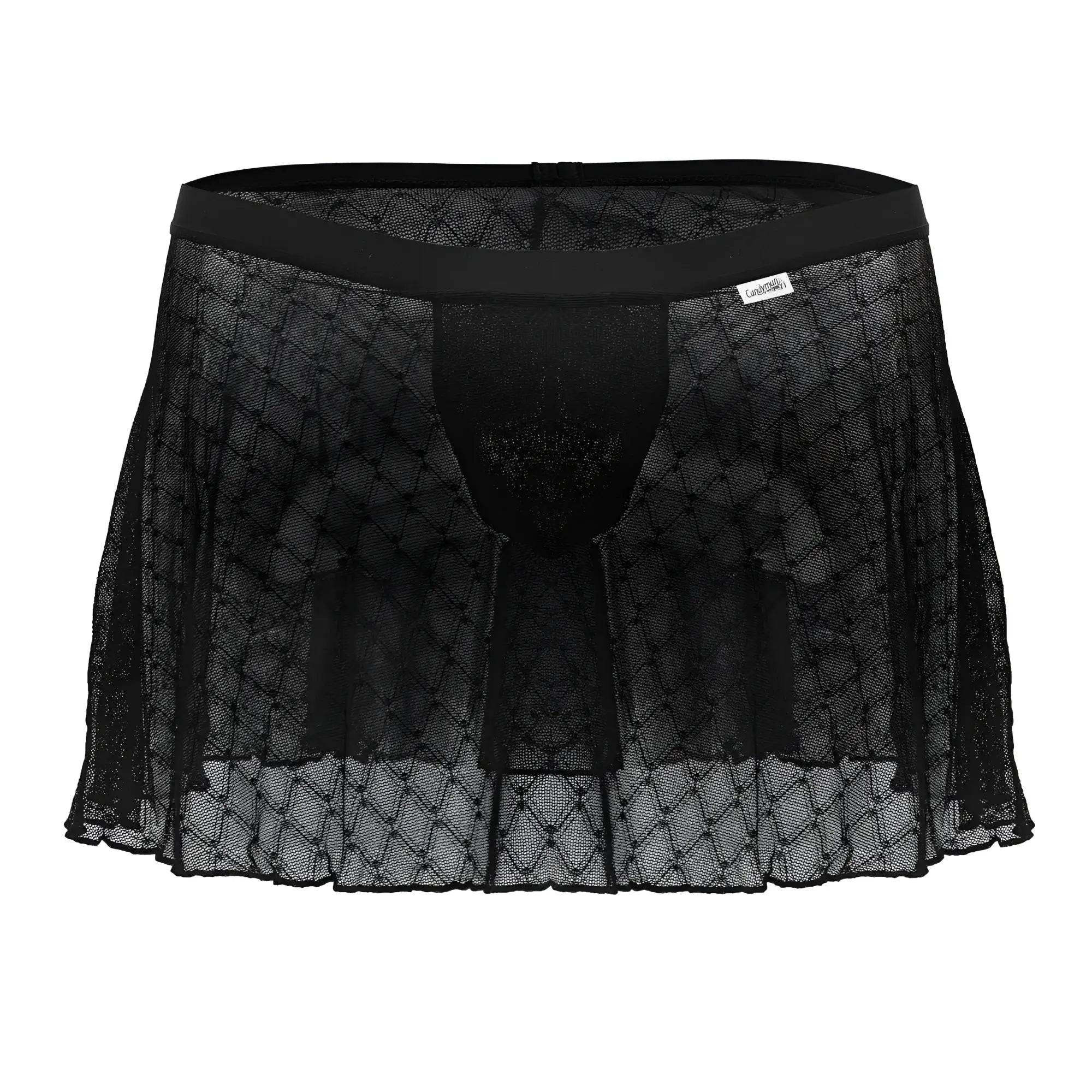 Black sheer lace mens underwear with diamond pattern and elastic waistband candyMan 99813 mesh skirt black