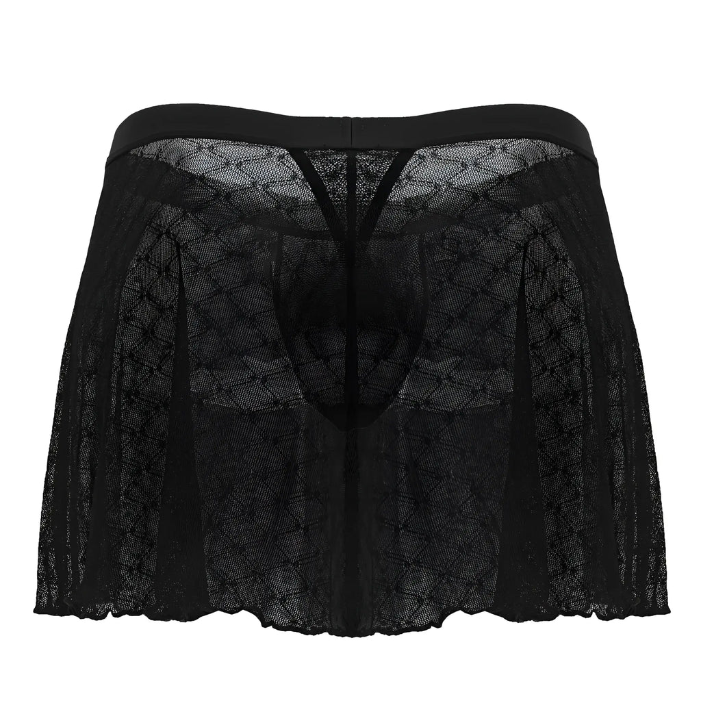 CandyMan 99813 black sheer lace men’s underwear with solid waistband and intricate diamond mesh design