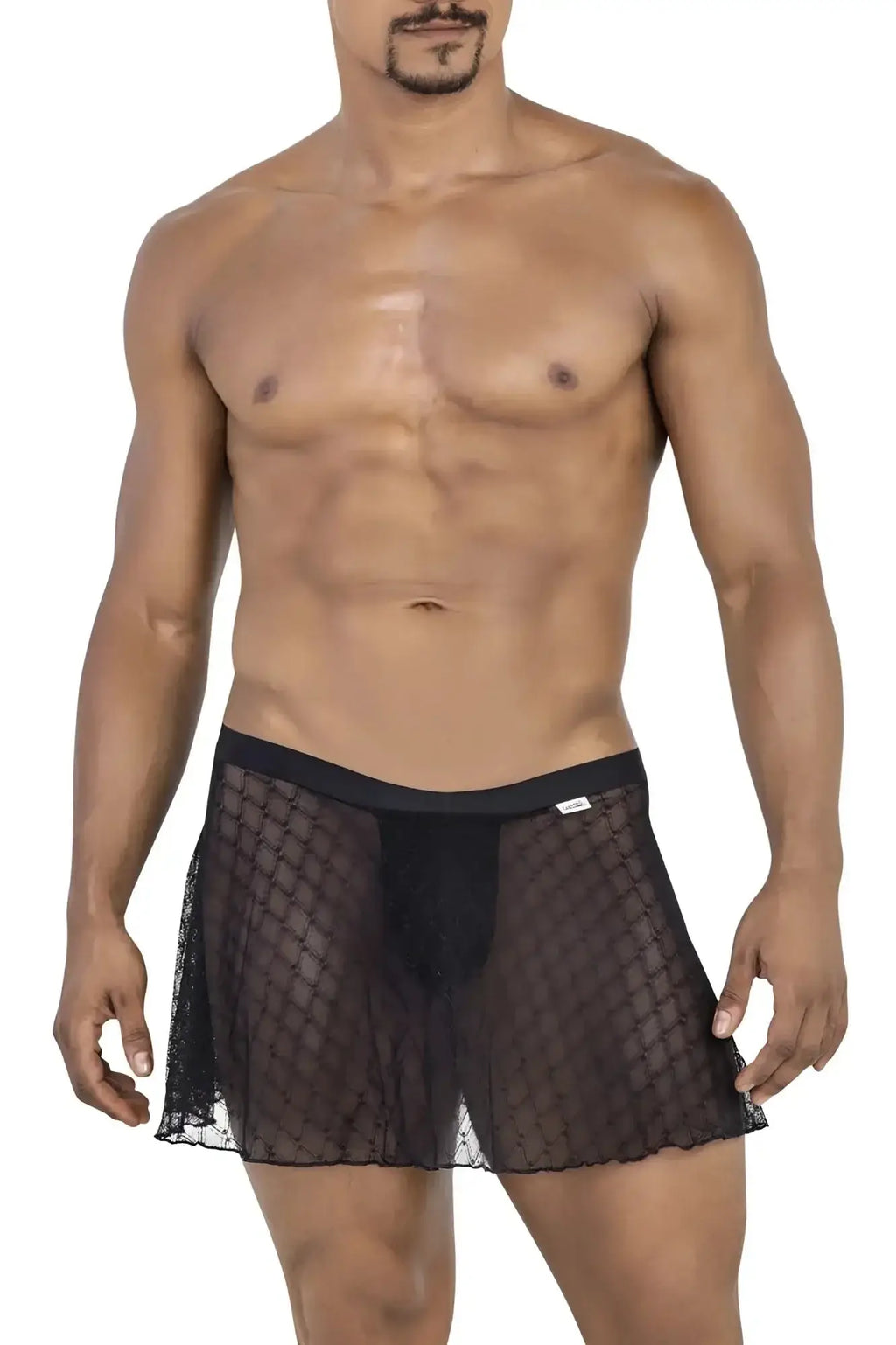 Black sheer mesh briefs from candyman 99813 mesh skirt in black with solid waistband shown from the back