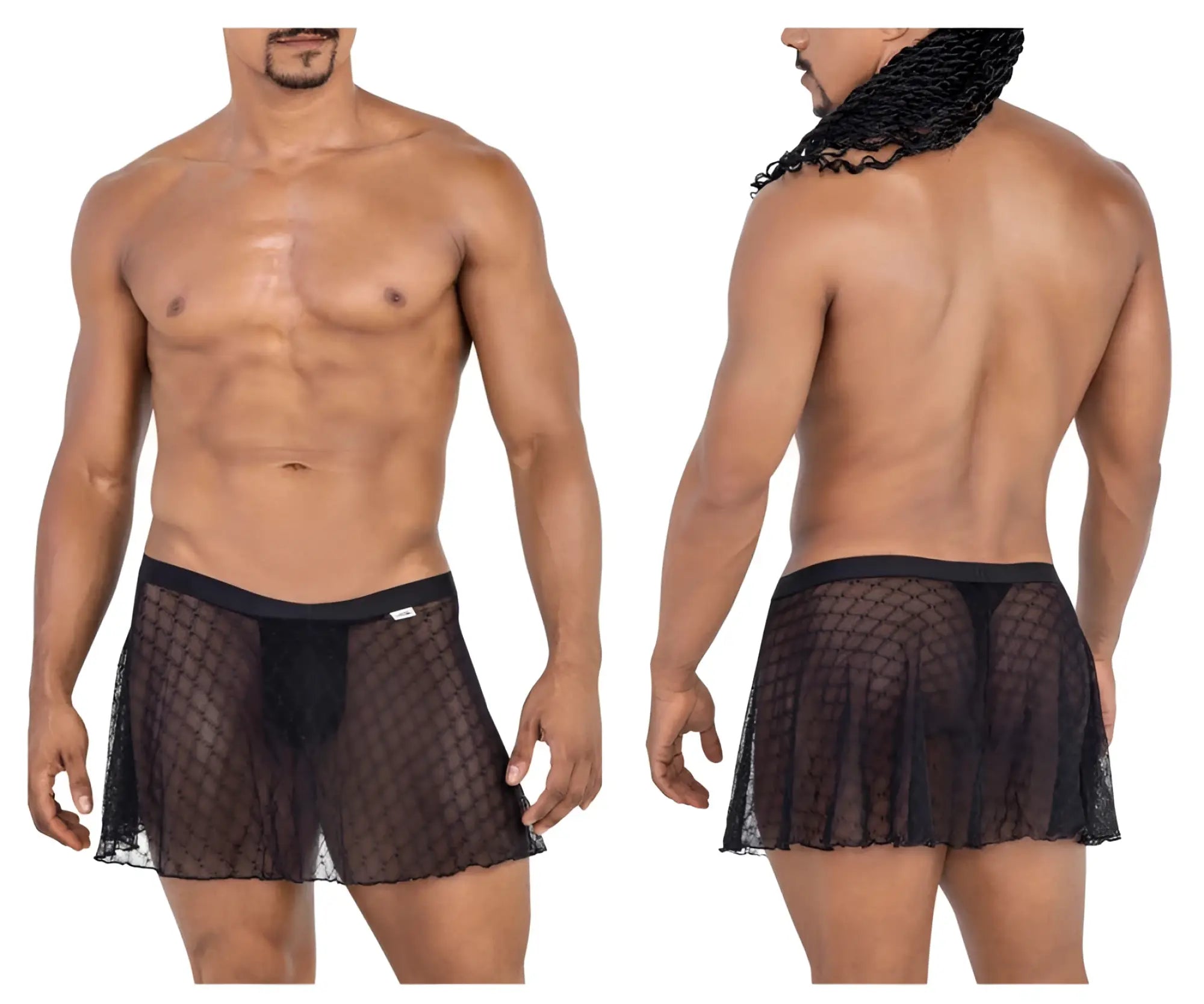 Black sheer mesh briefs with solid black waistband from candyman 99813 mesh skirt in black shown from the back