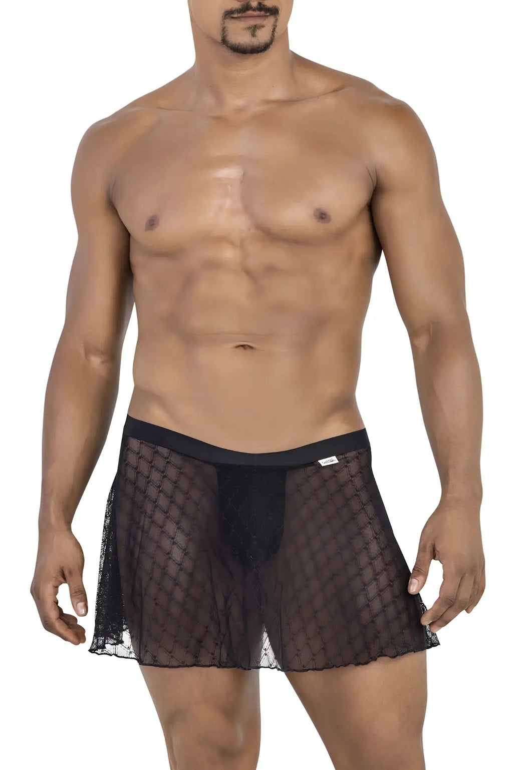 Black sheer mesh briefs from candyman 99813 mesh skirt in black with solid waistband shown from the back