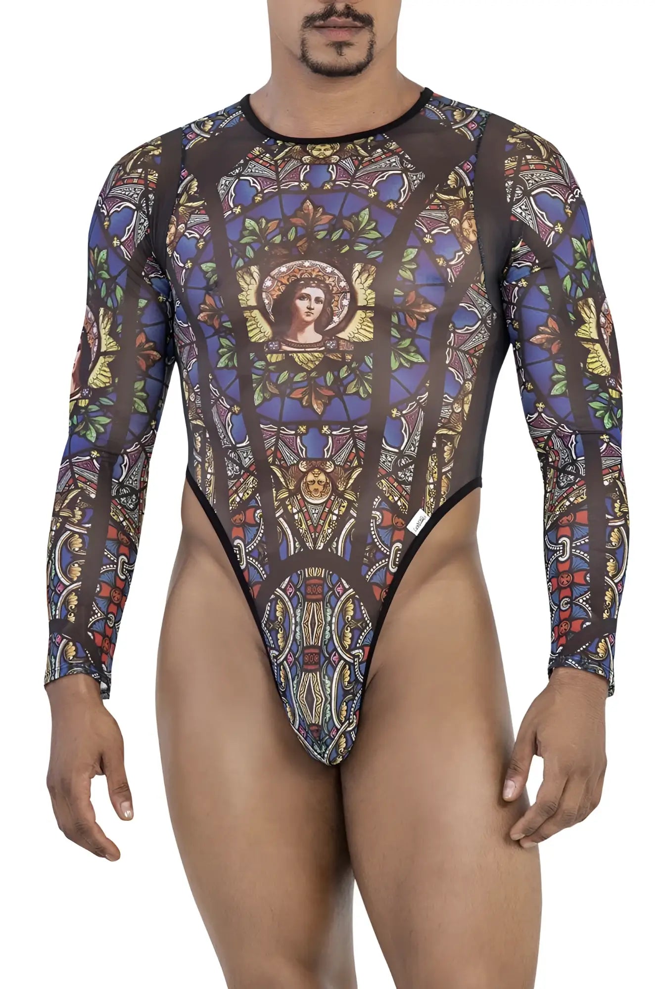 CandyMan 99814 stained glass bodysuit in black with intricate blue gold and brown long-sleeved print design