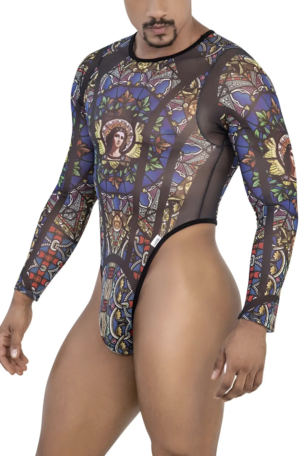 A men’s long-sleeved sheer mesh bodysuit with stained glass angelic and floral print in black and vibrant colors