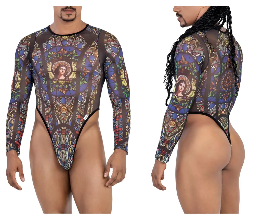 Stylish black CandyMan 99814 stained glass bodysuit with vibrant blue gold green design on sheer mesh fabric