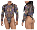 Stylish black CandyMan 99814 stained glass bodysuit with vibrant blue gold green design on sheer mesh fabric