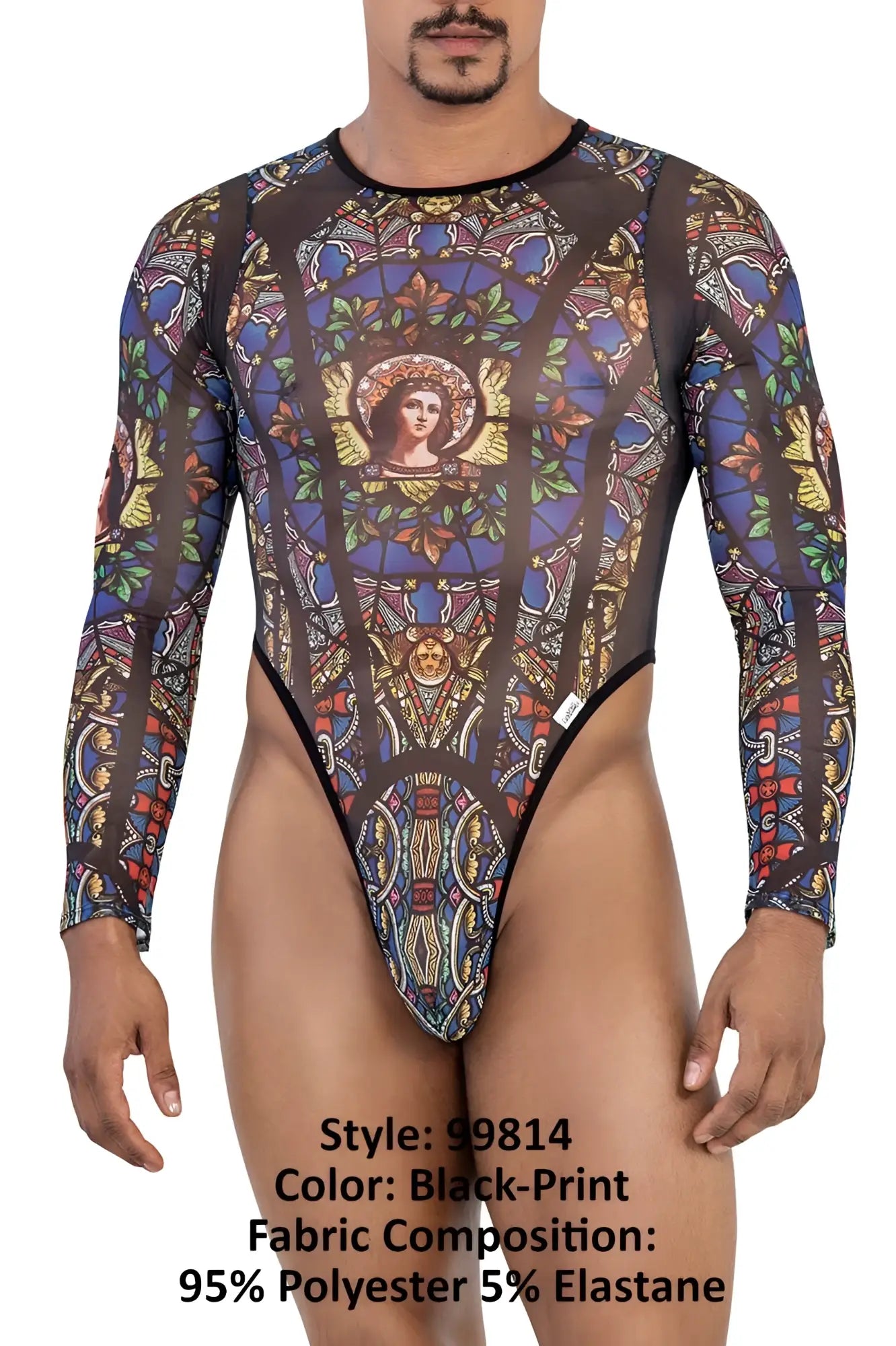 CandyMan 99814 stained glass bodysuit in black print with vibrant blue purple gold and green intricate patterns