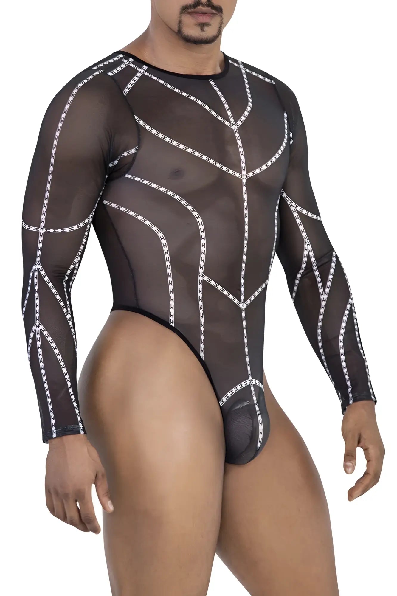 Black sheer mesh bodysuit candyMan 99816 with white chain trim in geometric pattern long sleeves
