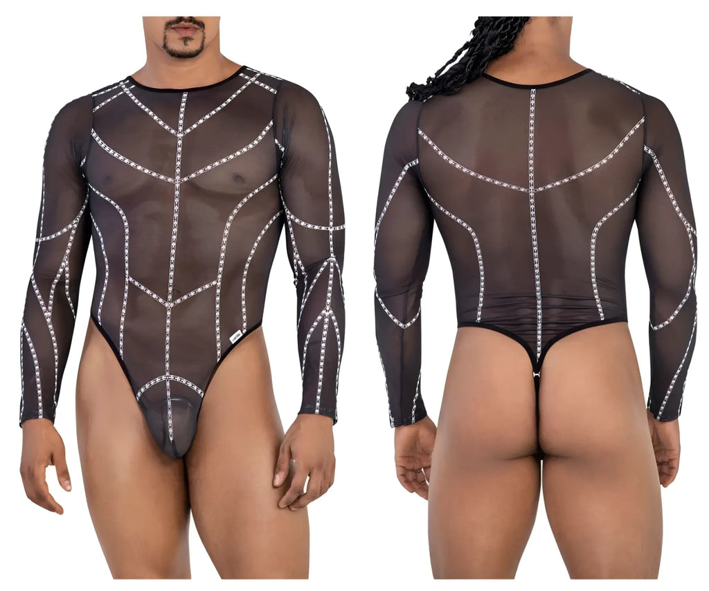 Black sheer mesh long-sleeved bodysuit with white chain detailing candyMan 99816 for stylish layering