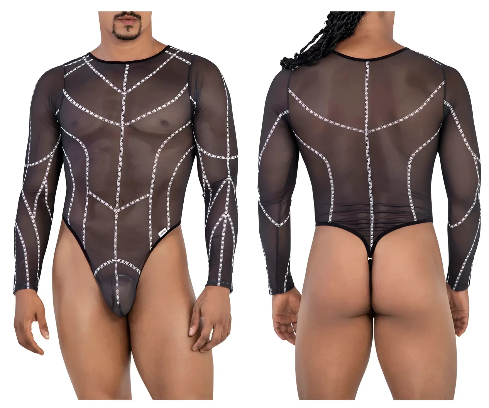 Black sheer mesh long-sleeved bodysuit with white chain detailing candyMan 99816 for stylish layering