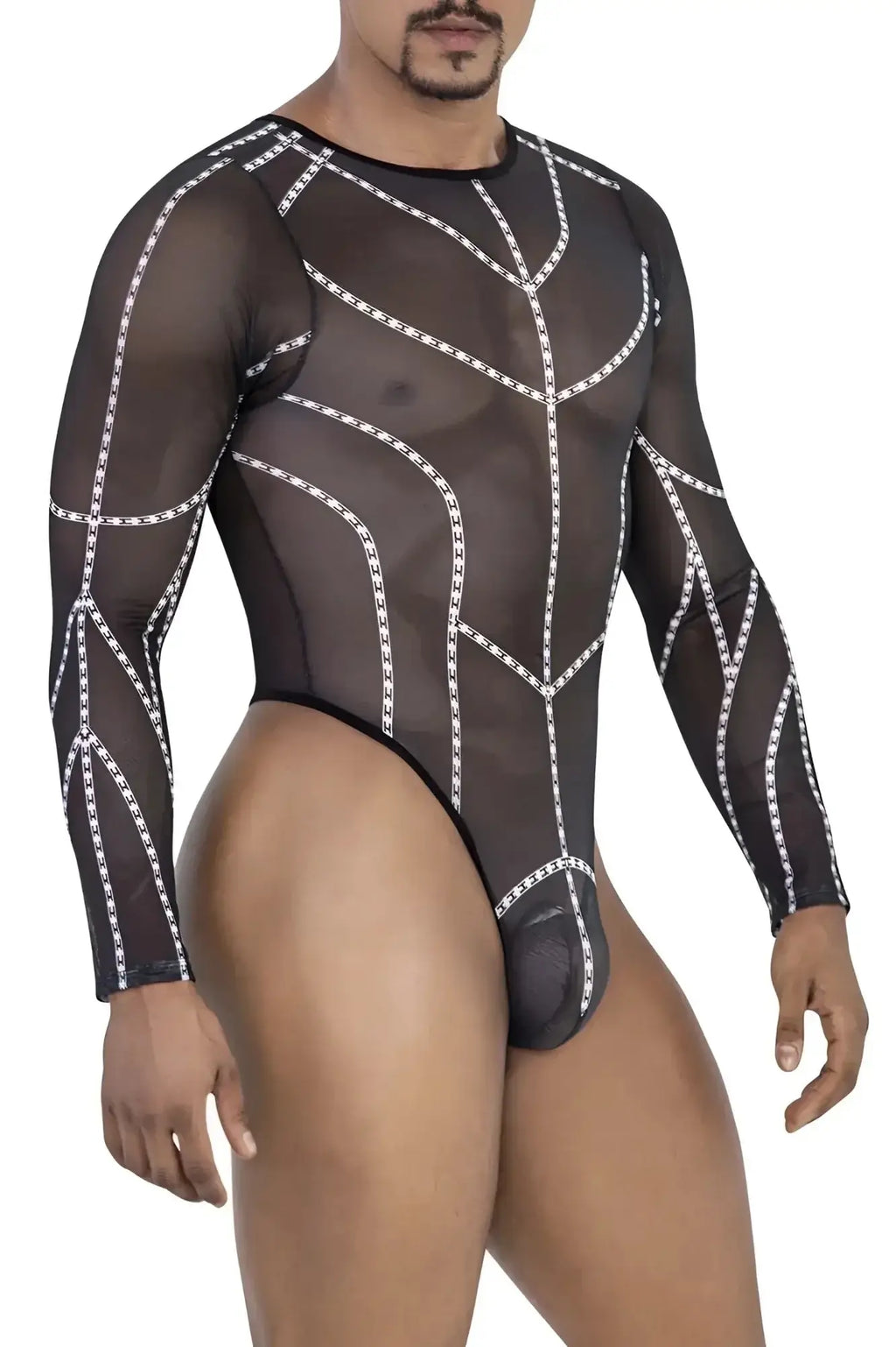 Black candyMan 99816 mesh bodysuit with sheer long sleeves and white chain-like geometric trim