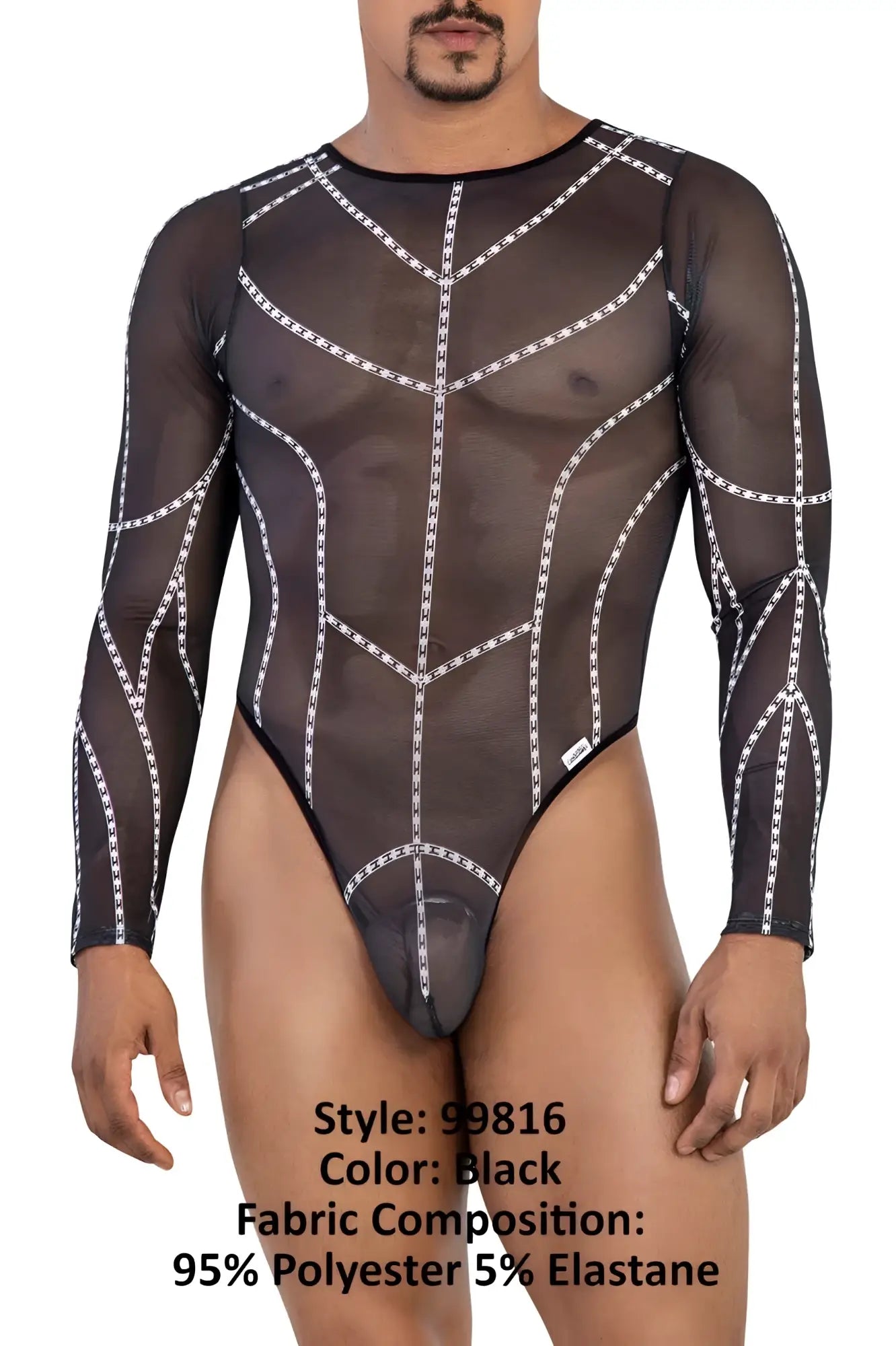 Black sheer mesh bodysuit with white chain-like embroidery detailing CandyMan 99816 for stylish edgy looks