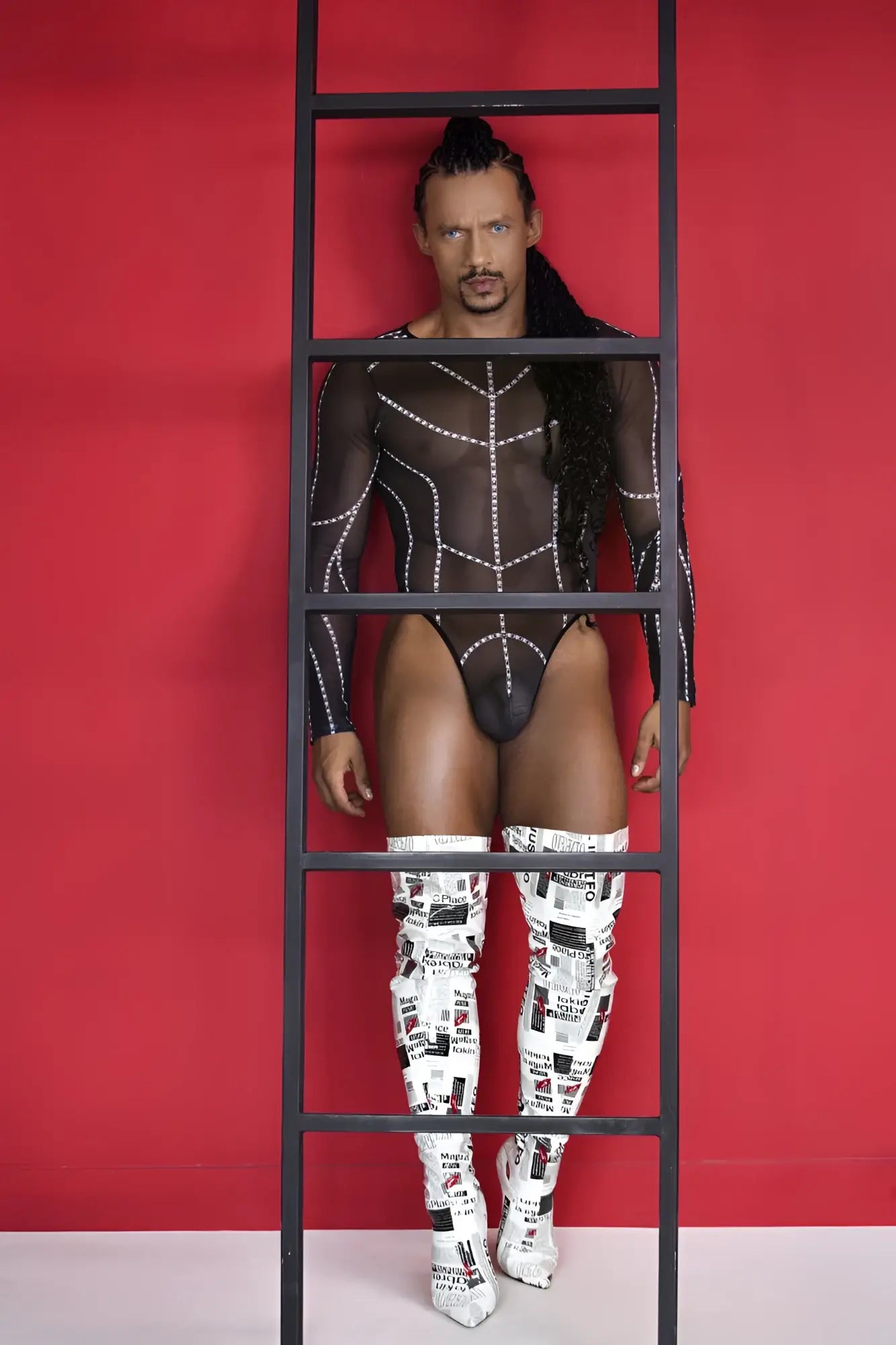 Black candyMan 99816 mesh bodysuit featuring silver stud detailing in a sheer, breathable fabric