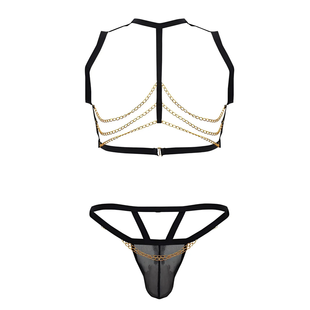Black and gold chain-embellished candyMan 99818 two piece lingerie set with mesh fabric in black color