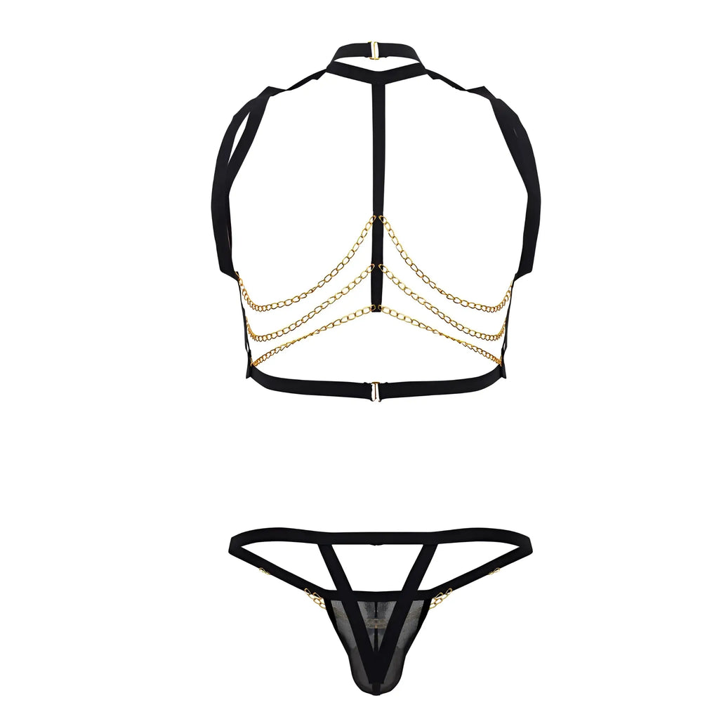Black lace-trimmed thong with gold chain detailing from candyman 99818 two piece outfit in black