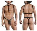 Black leather thong from candyman 99818 two piece outfit with gold chain detailing and adjustable straps