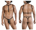 Black leather thong from candyman 99818 two piece outfit with gold chain detailing and adjustable straps