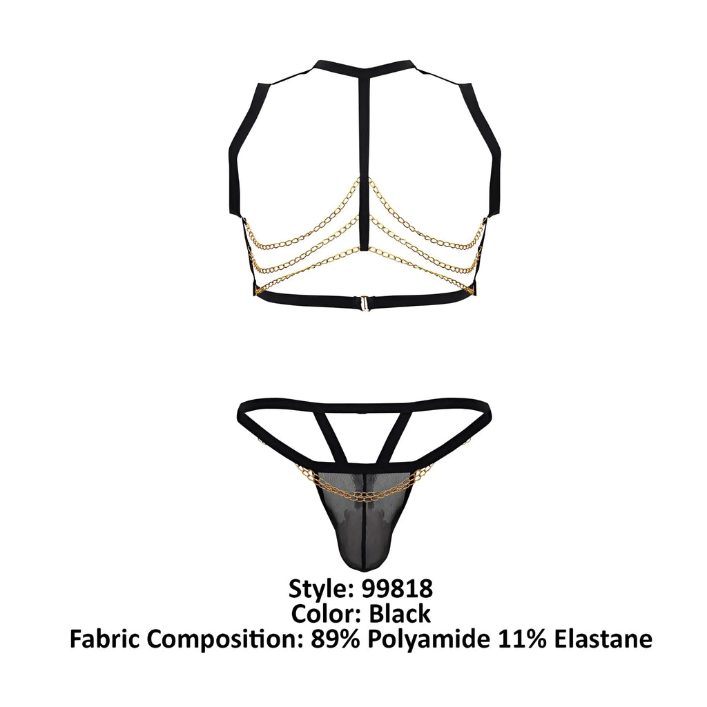 Black mesh lingerie set candyMan 99818 featuring a backless top with gold chain detailing and matching thong