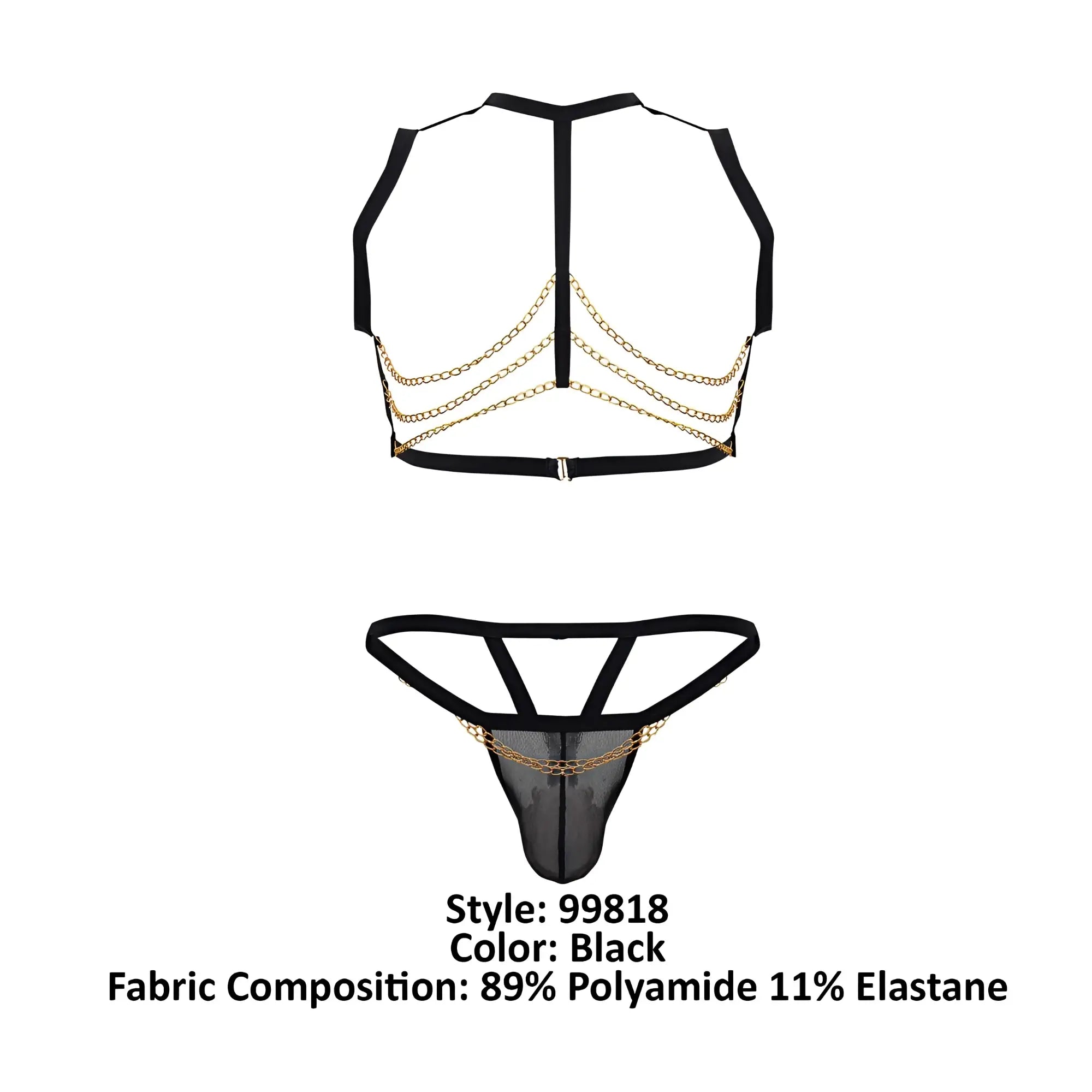 Black mesh lingerie set candyMan 99818 featuring a backless top with gold chain detailing and matching thong