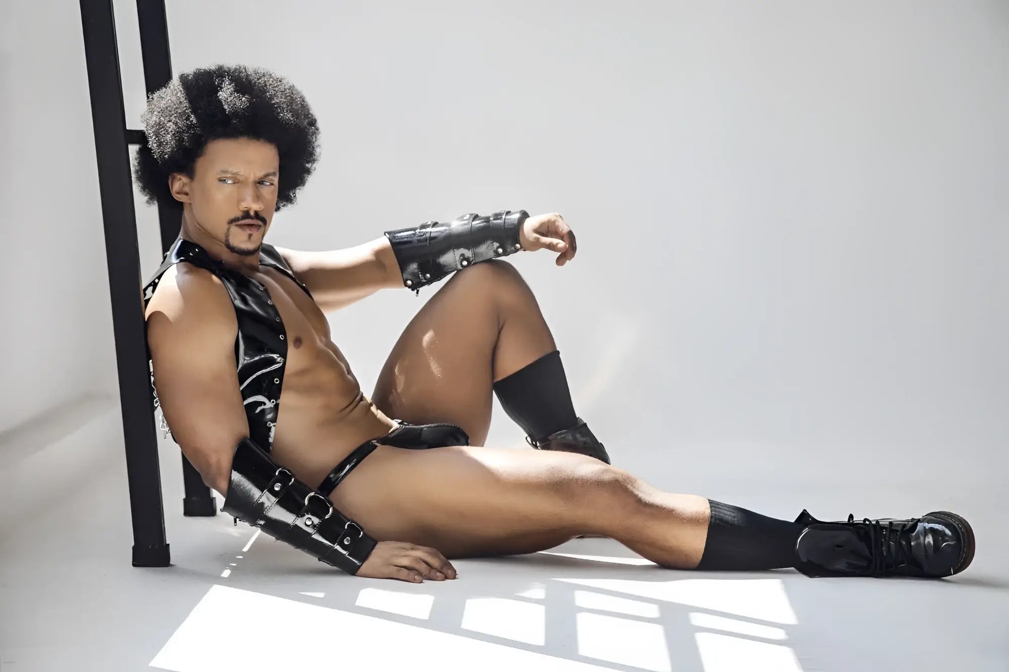 Black leather arm and leg bracers with silver hardware from candyman 99819 dom thongs color gloss black
