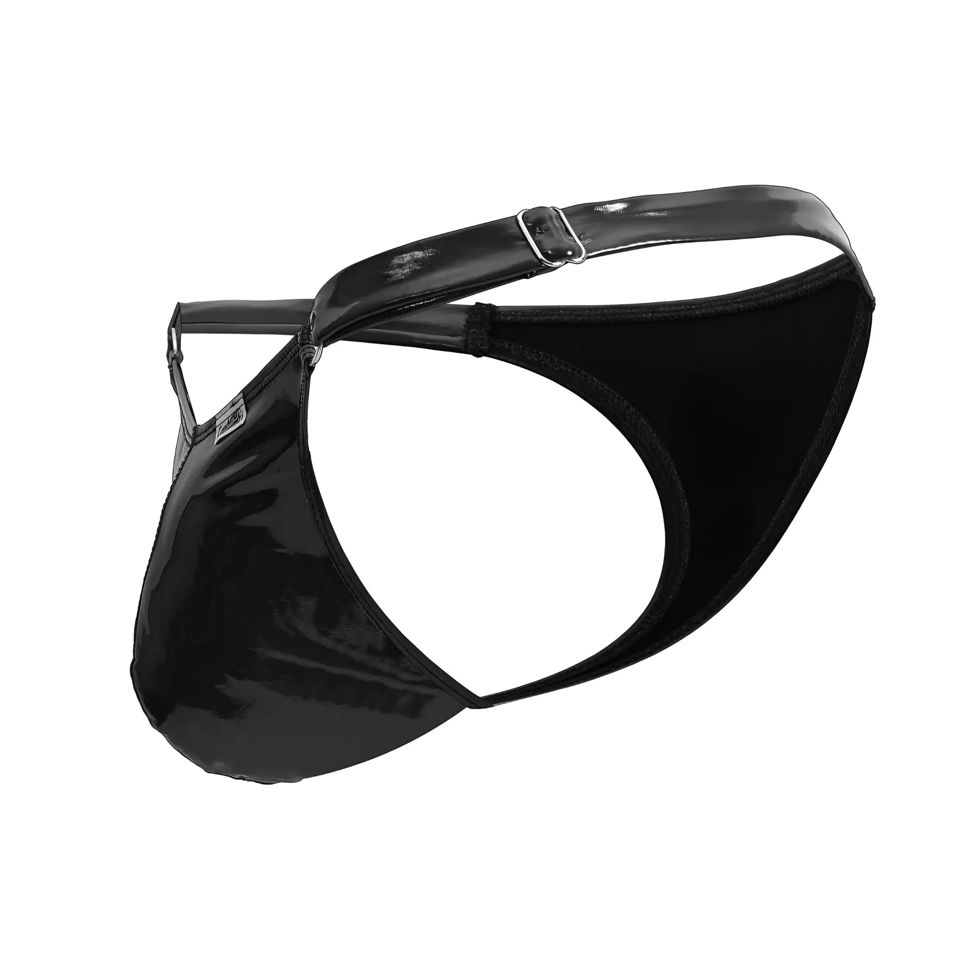 Black patent leather thong with silver buckle and adjustable strap from candyman 99819 dom thongs color gloss black