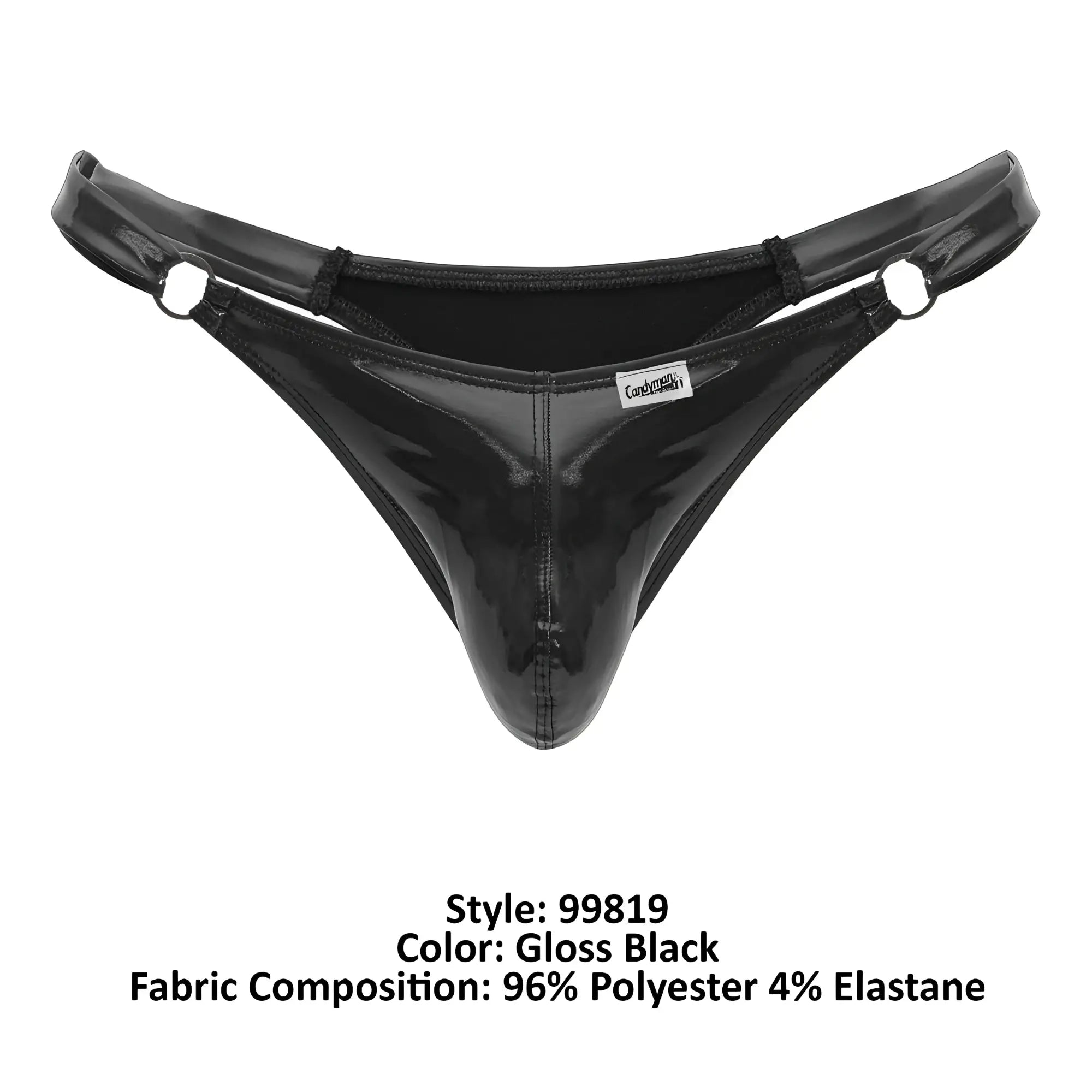 Gloss black dom thong by candyman made of shiny stretchy polyester and elastane blend shown from the back side