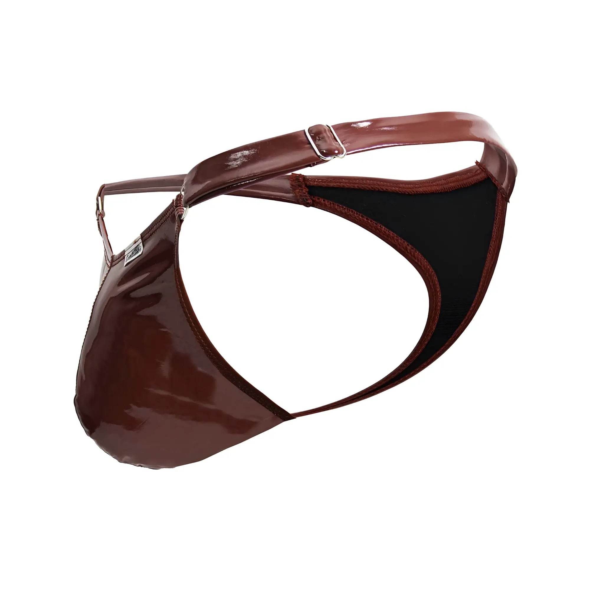 Brown patent leather candyMan 99819 dom thong with black interior lining and adjustable strap in gloss wine color