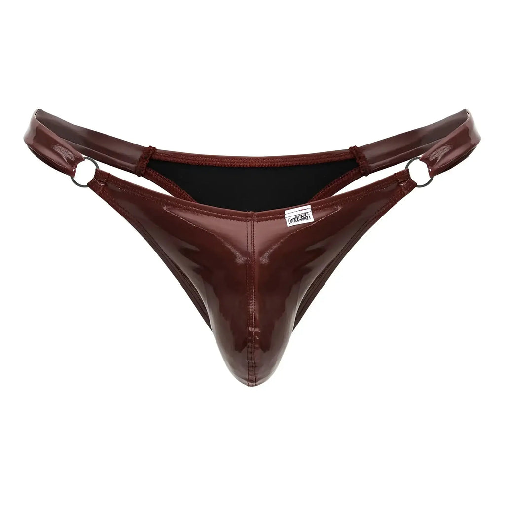 CandyMan 99819 dom thong in glossy burgundy patent leather with black lining and metal rings at the sides