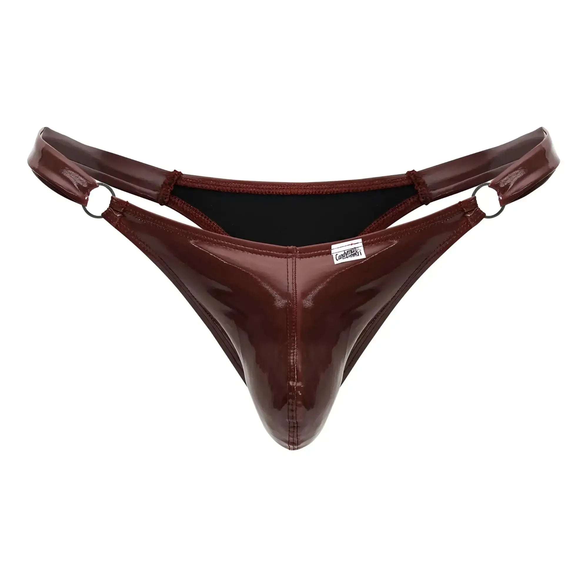 CandyMan 99819 dom thong in glossy burgundy patent leather with black lining and metal rings at the sides