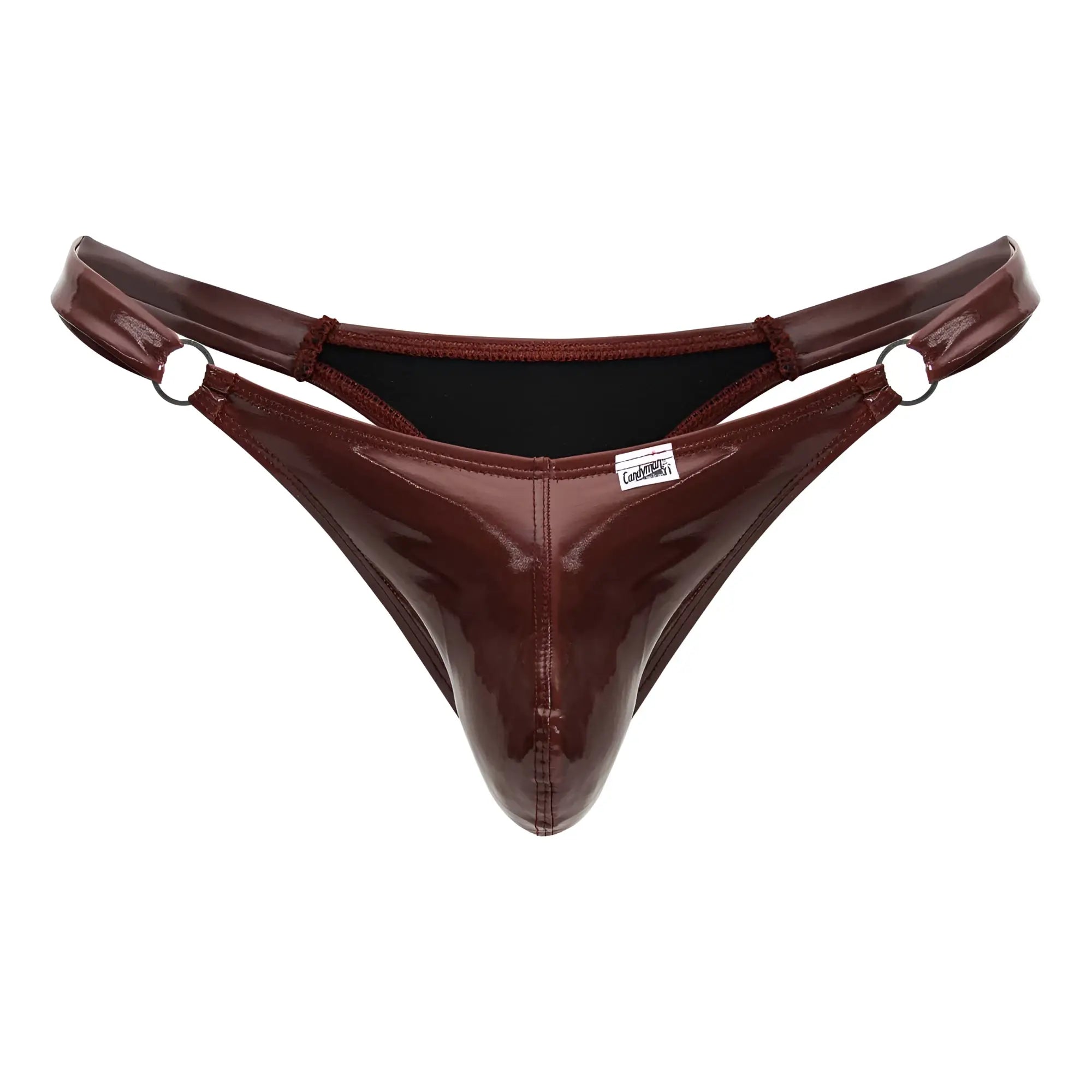 CandyMan 99819 dom thong in glossy burgundy patent leather with black lining and metal rings at the sides