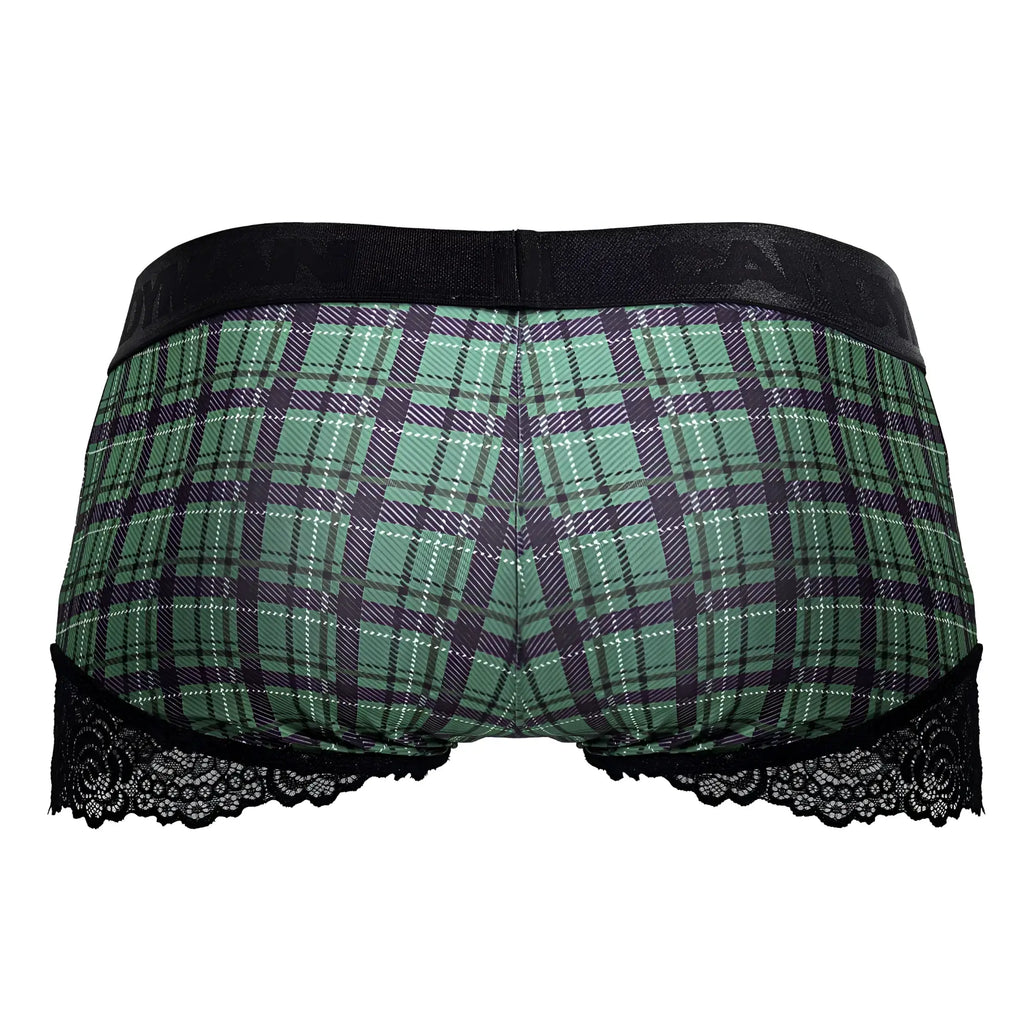 Green and black plaid briefs with black lace trim candy man 99821 back to school trunks color green plaid