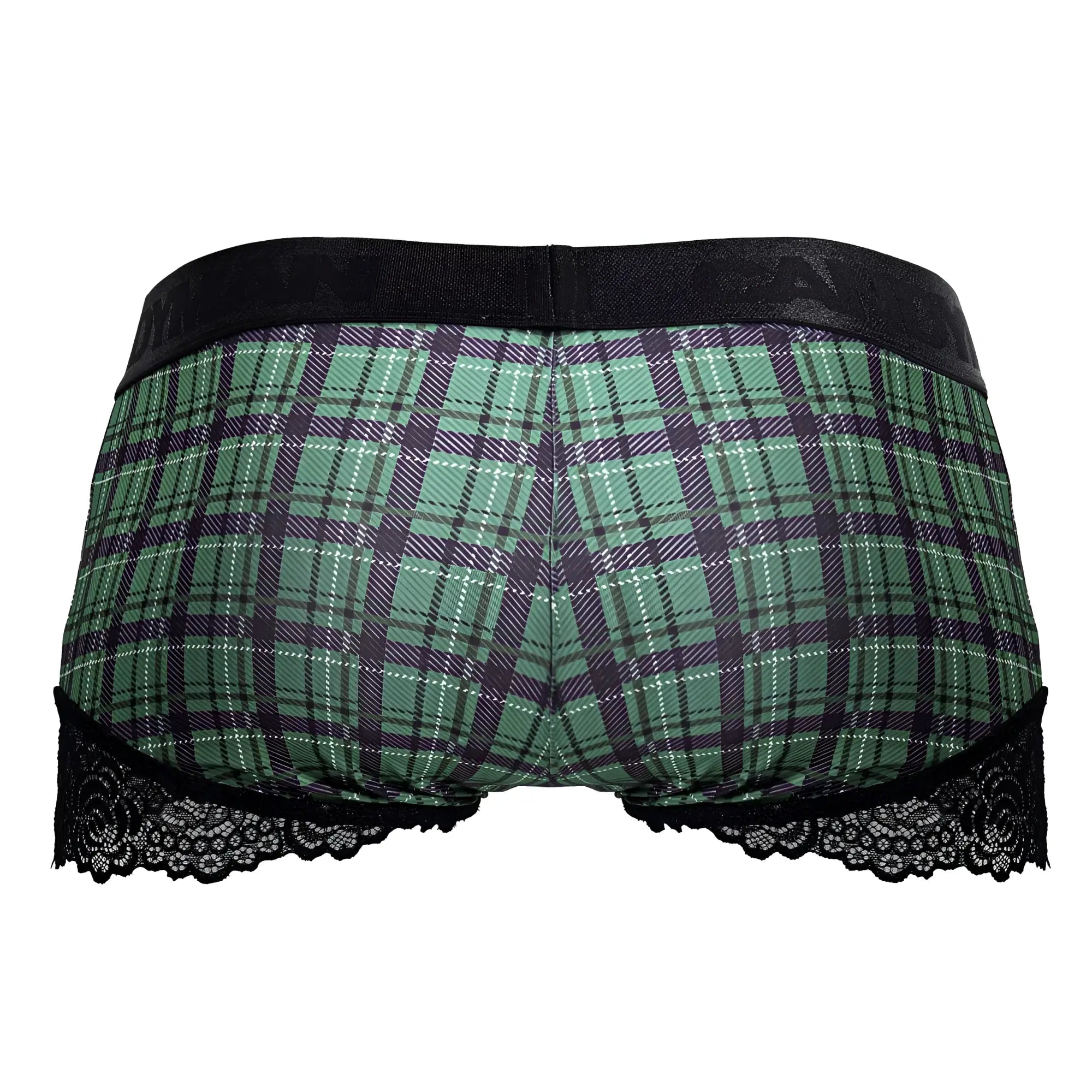 Green and black plaid briefs with black lace trim candy man 99821 back to school trunks color green plaid