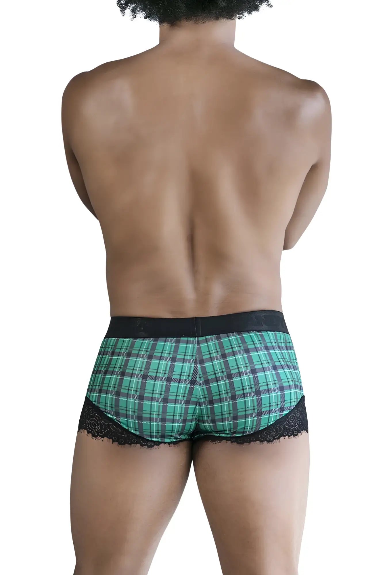 Green and black plaid CandyMan 99821 back to school trunks briefs with lace trim and comfortable fabric