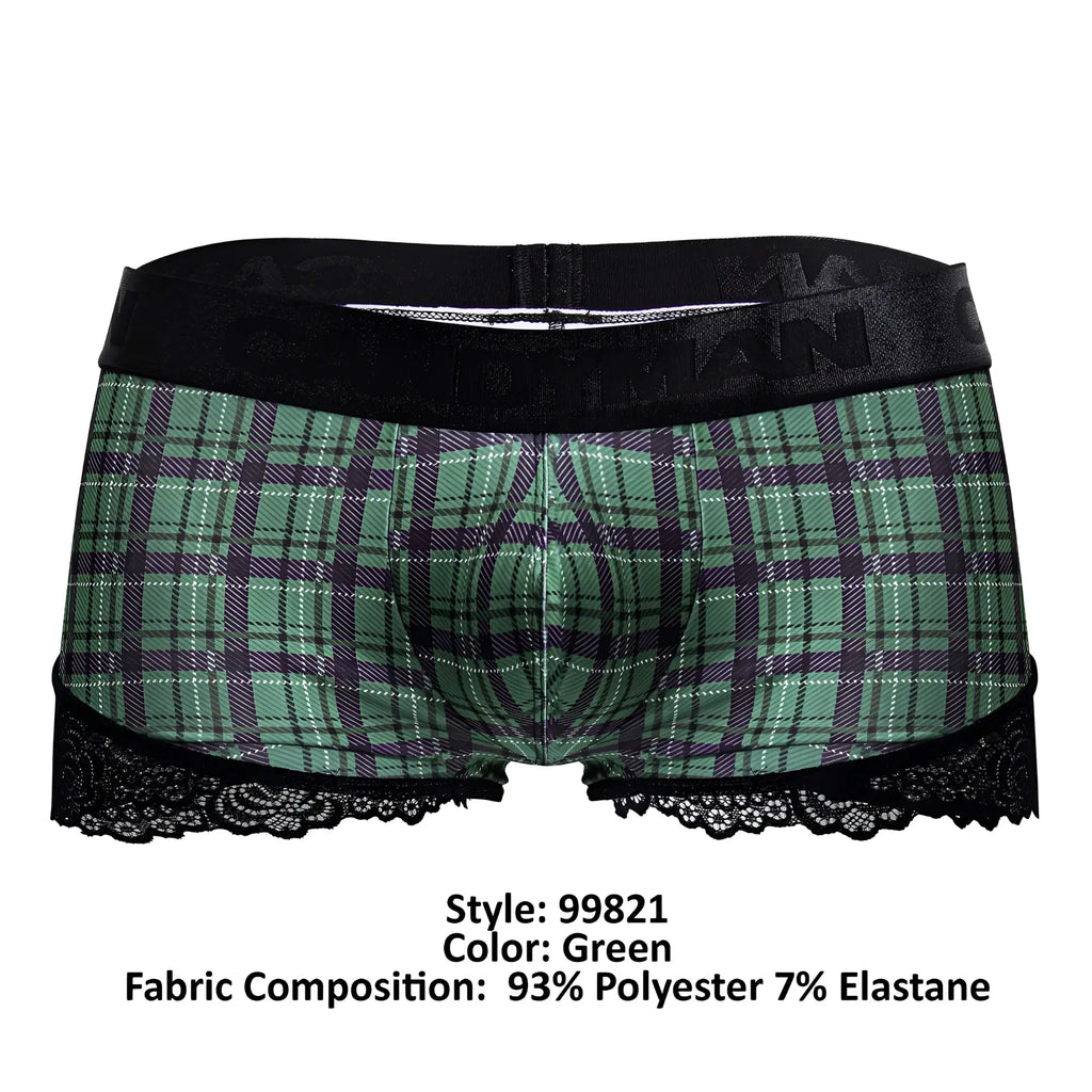 Green plaid men’s boxer briefs with black lace trim and elastic waistband from candyman 99821 back to school trunks