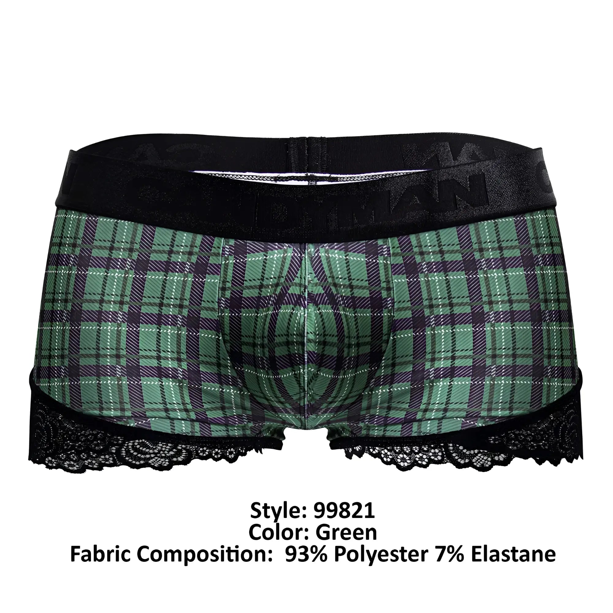 Green plaid men’s boxer briefs with black lace trim and elastic waistband from candyman 99821 back to school trunks