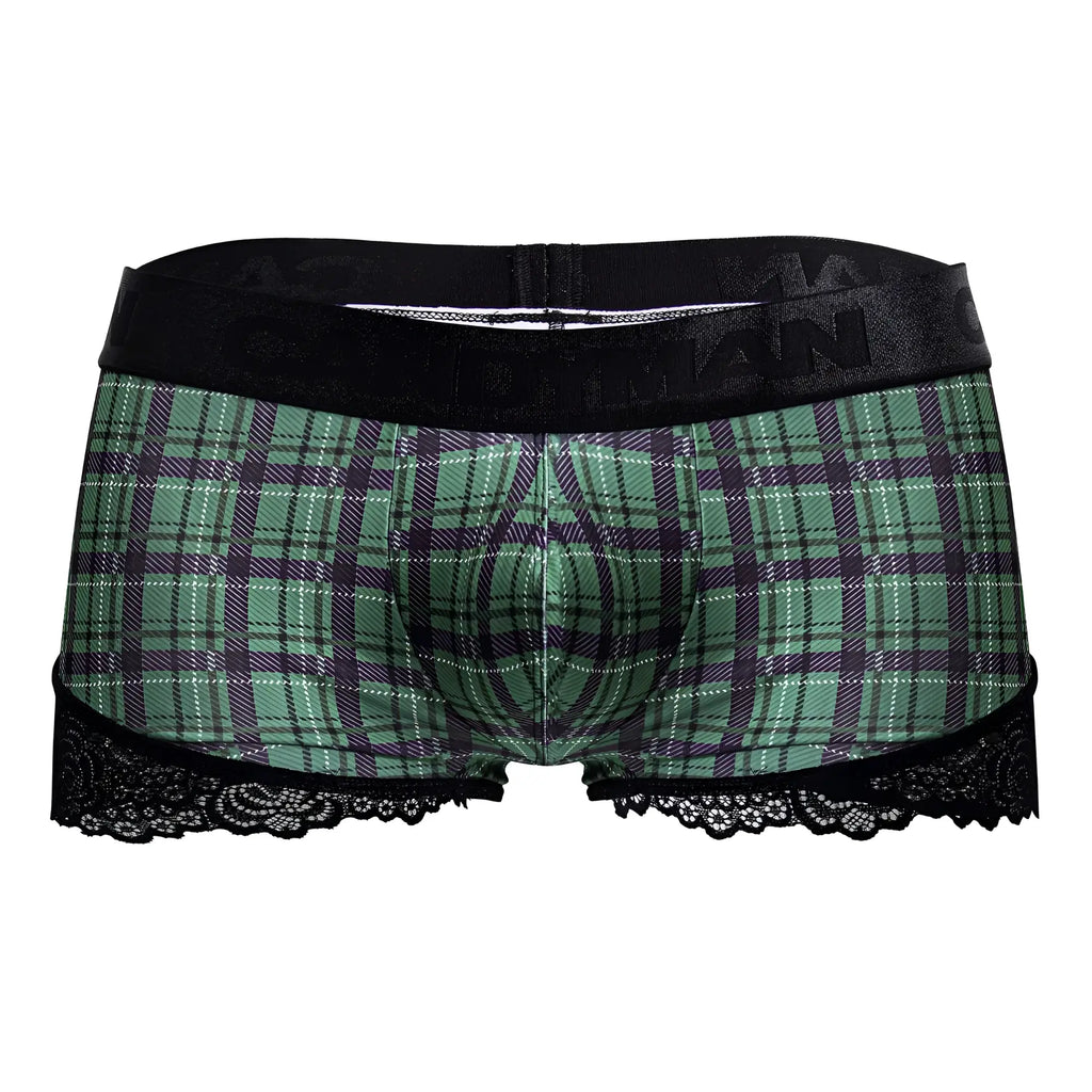 Green and purple plaid boxer briefs with black lace trim and branded elastic waistband candyMan 99821 trunks