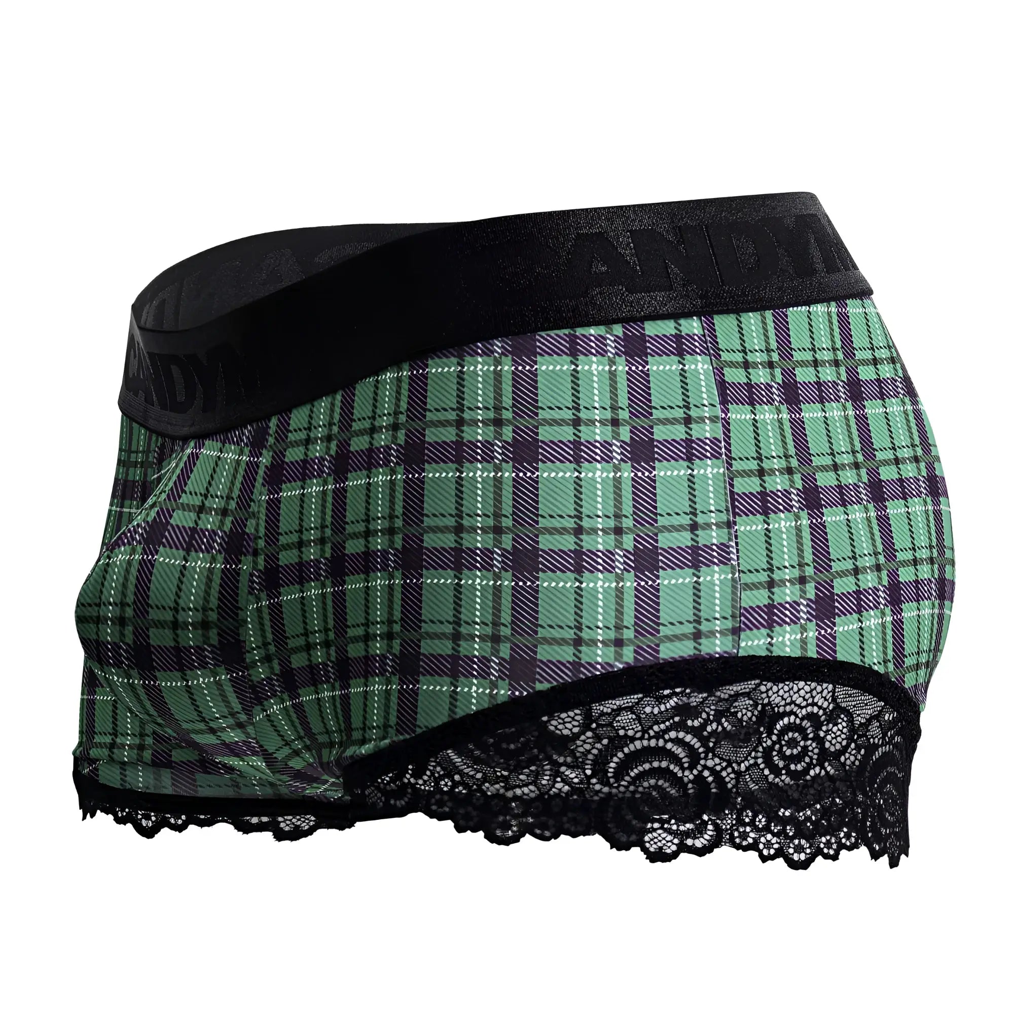 Green and purple plaid men’s trunks with black lace trim and branded elastic waistband by candyman