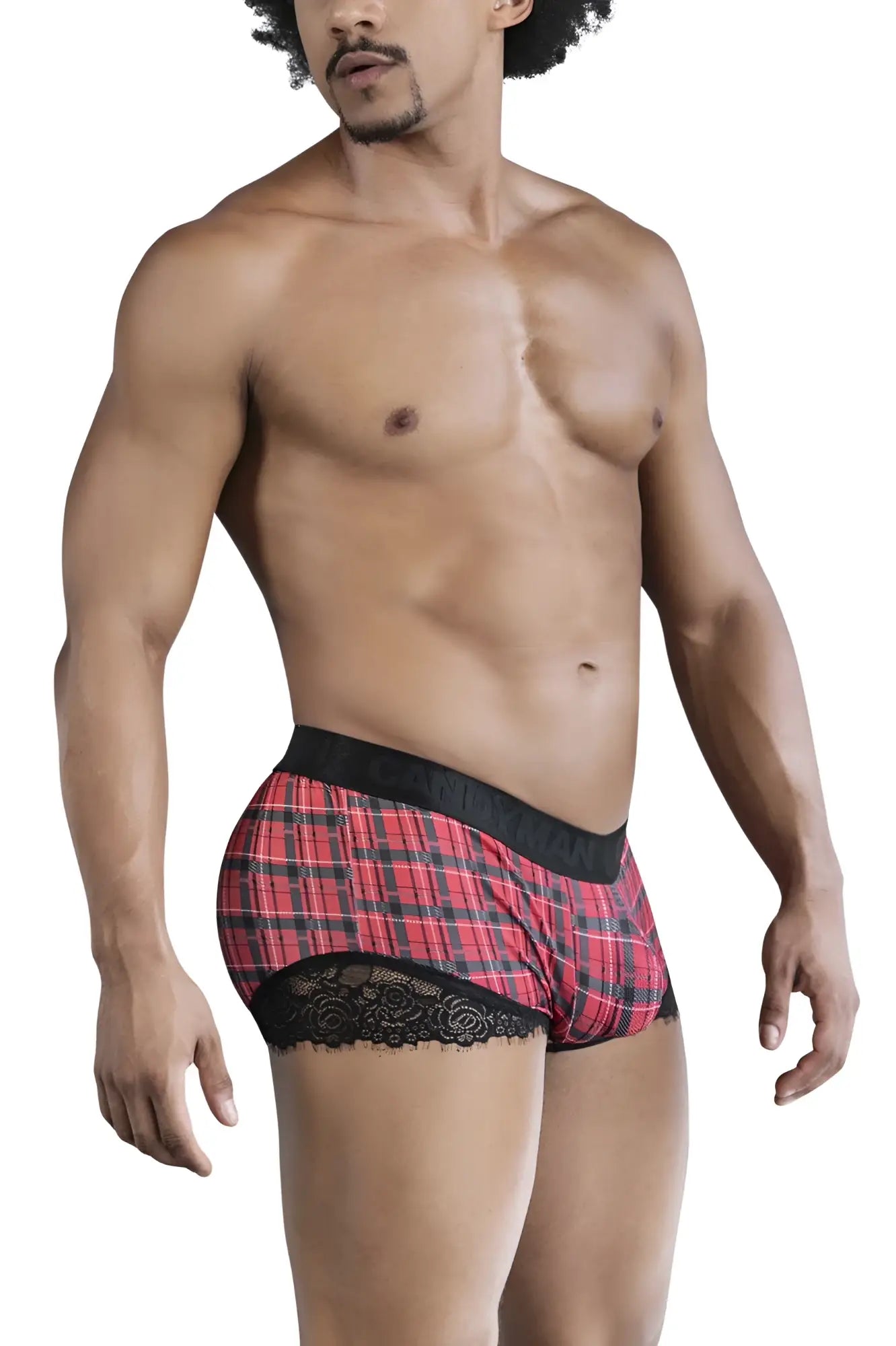 Candyman 99821 red and black plaid boxer briefs with lace trim designed for back to school comfort