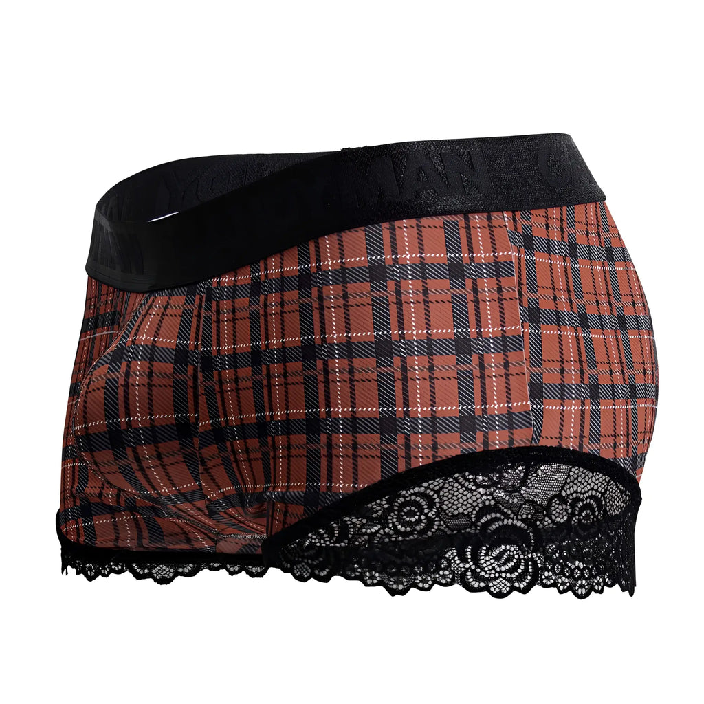 Candyman 99821 back to school trunks red plaid boxer briefs with black lace trim for comfortable everyday wear