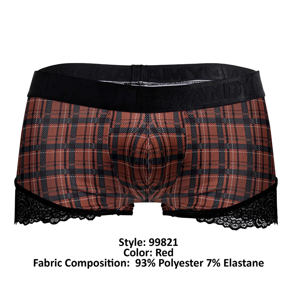 Red plaid boxer briefs with black lace trim and elastic waistband candy man 99821 back to school trunks