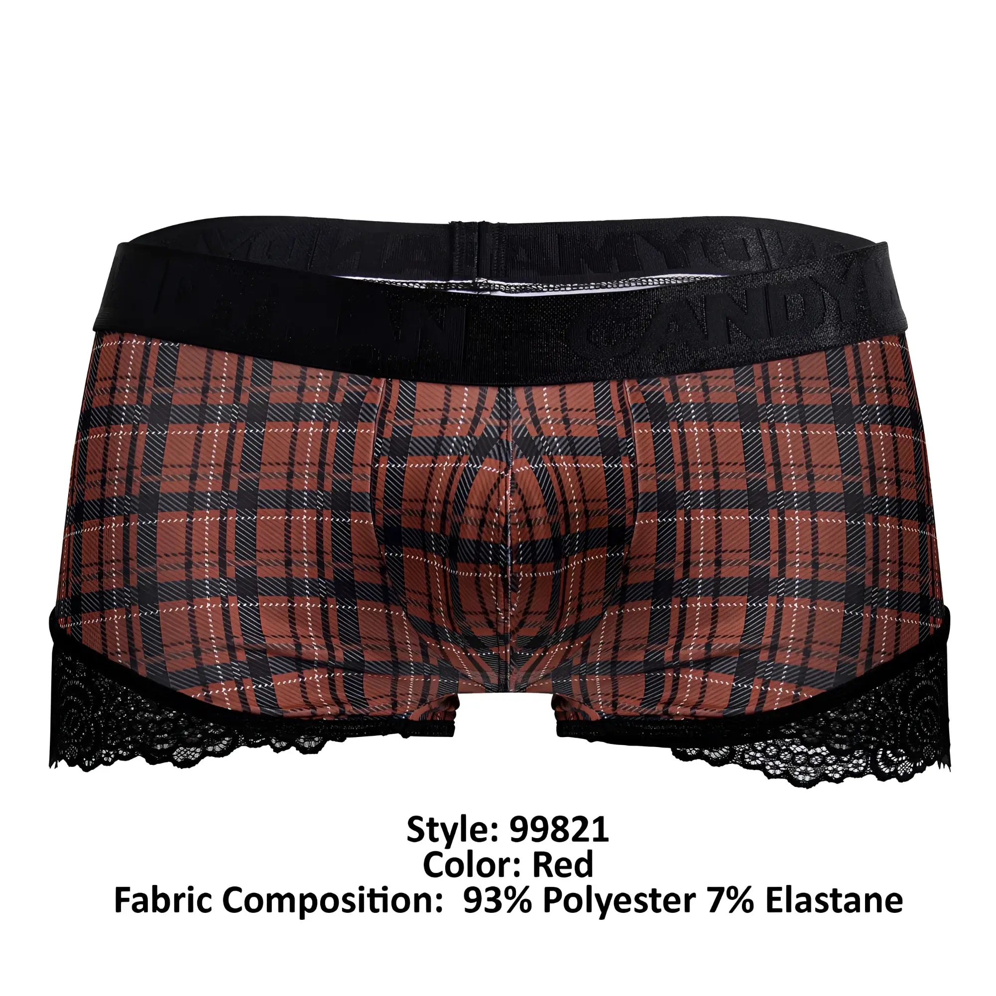 Red plaid boxer briefs with black lace trim and elastic waistband candy man 99821 back to school trunks
