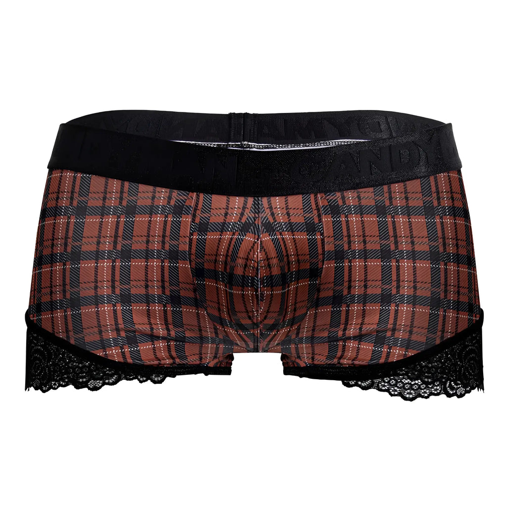 Brown and black plaid boxer briefs with lace trim from candyman 99821 back to school trunks red plaid collection