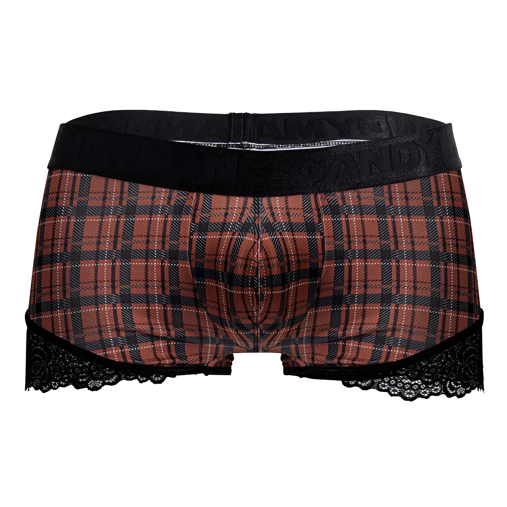 Brown and black plaid boxer briefs with lace trim from candyman 99821 back to school trunks red plaid collection