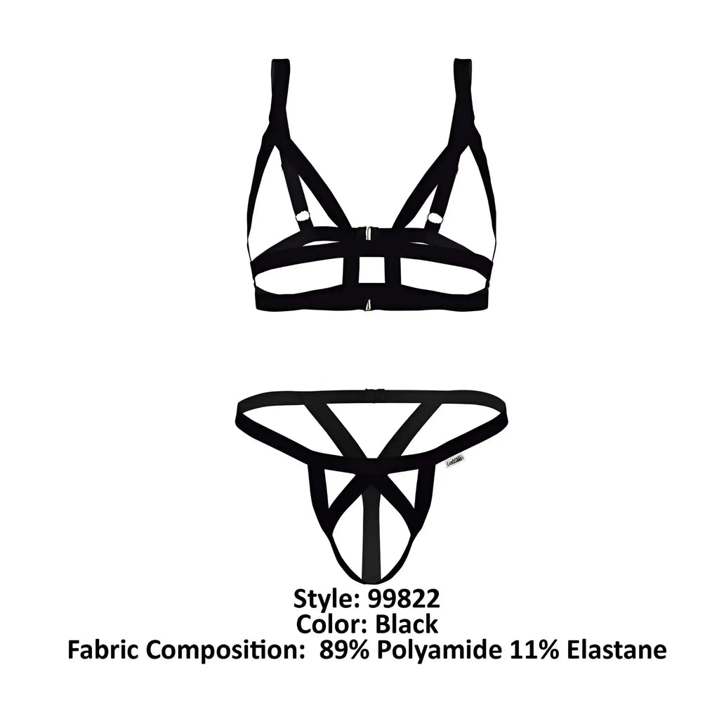 Black candyMan 99822 two piece lingerie set with strappy geometric crisscross design for intimate wear
