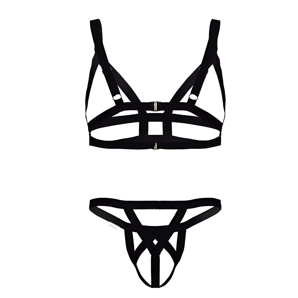 Black strappy harness-style lingerie set with metallic hardware in CandyMan 99822 two piece outfit color black