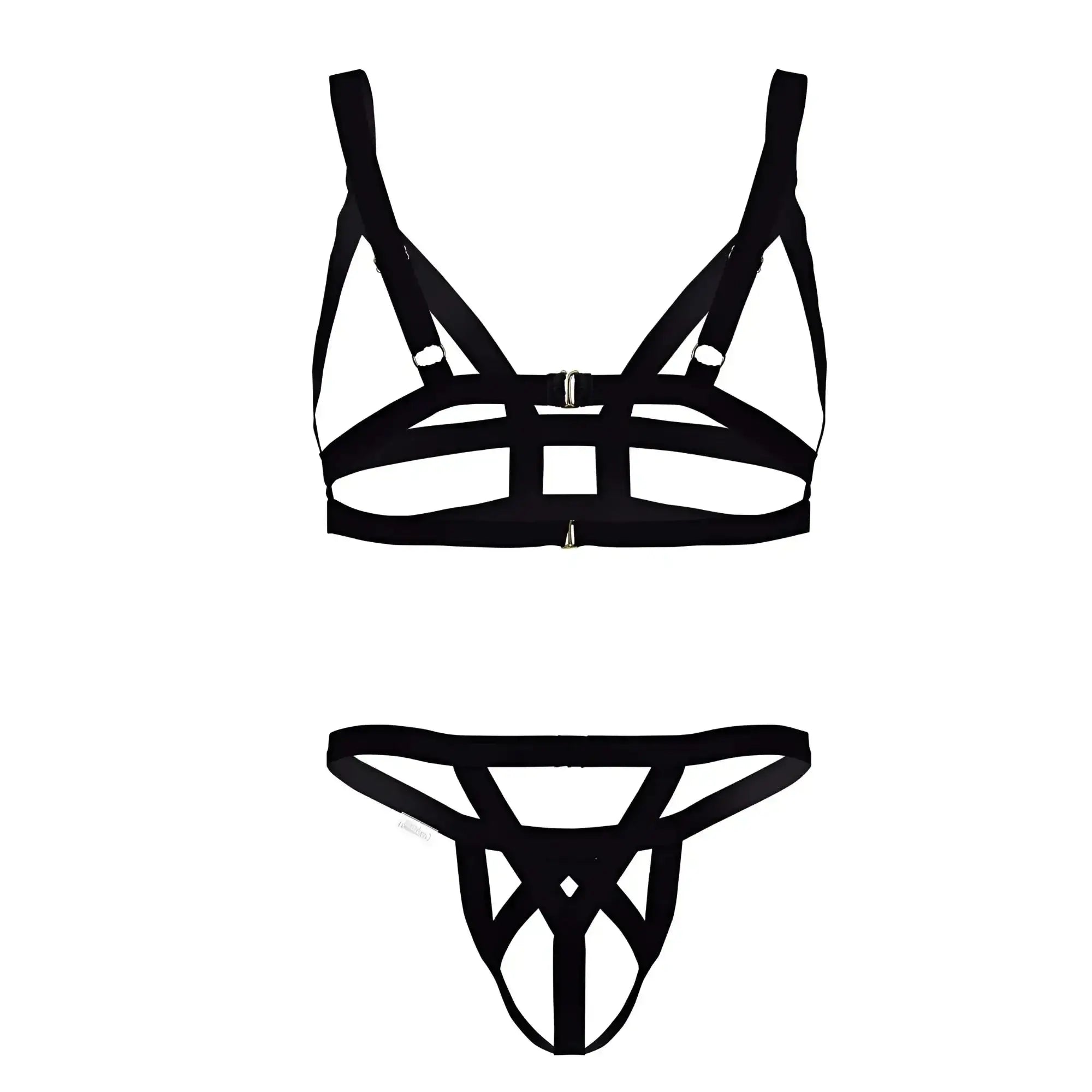 Black strappy harness-style lingerie set with metallic hardware in CandyMan 99822 two piece outfit color black